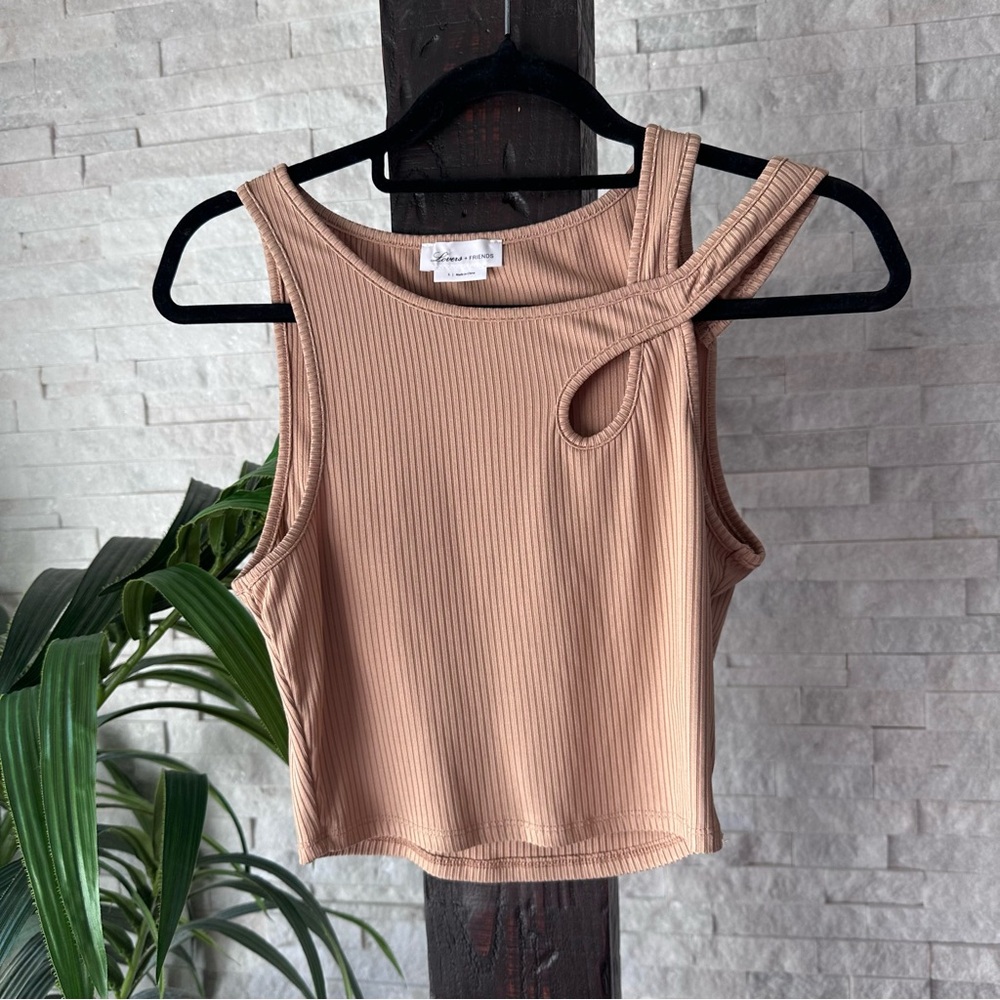 LOVERS + FRIENDS “Cassidy” Cut Out Tan Ribbed Sleeveless Blouse Size Small